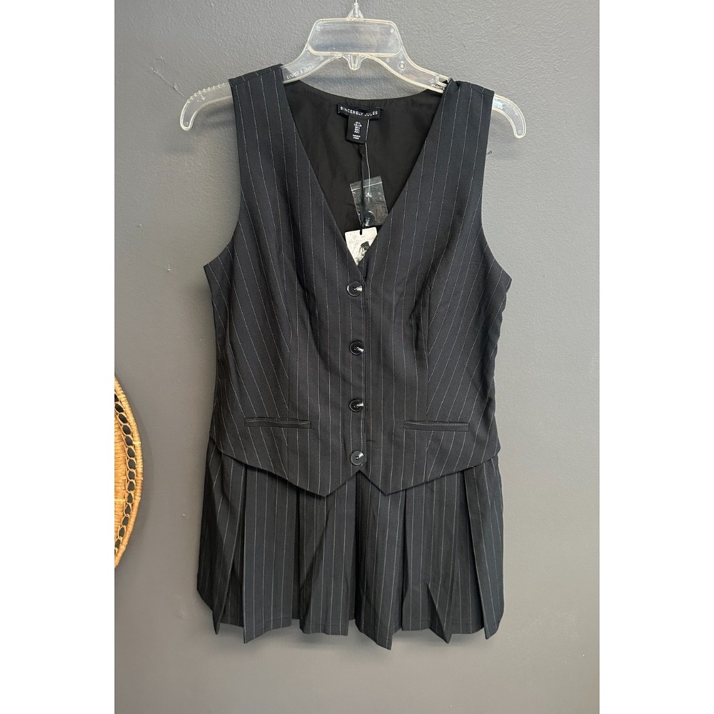 Sincerely Jules Juniors Size L Gray Pinstriped Sleeveless Vest Shirt Dress NWT
